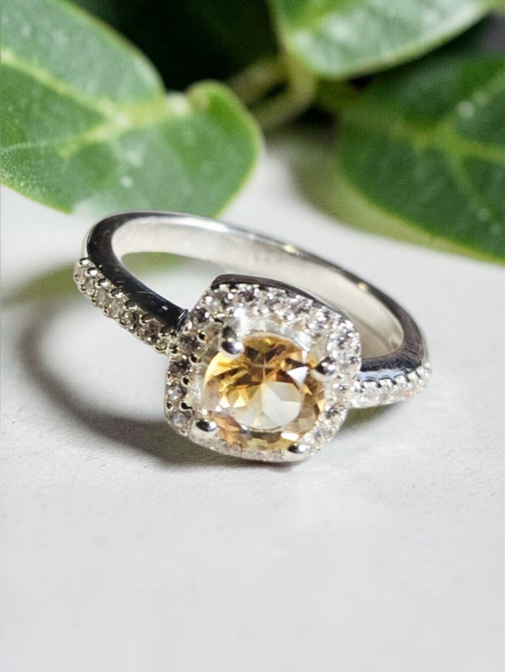 Citrine Halo Engagement Ring 925 Sterling Silver Dainty Sparkle Size 7